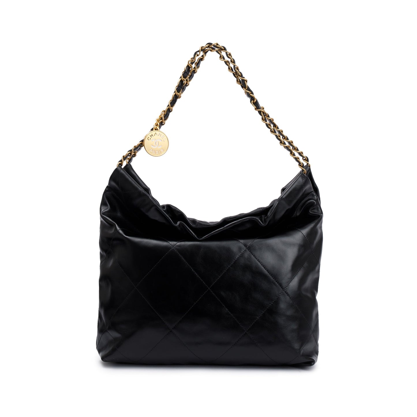 Chanel 2023 Black Shiny Calfskin Leather Small Chanel 22 Hobo