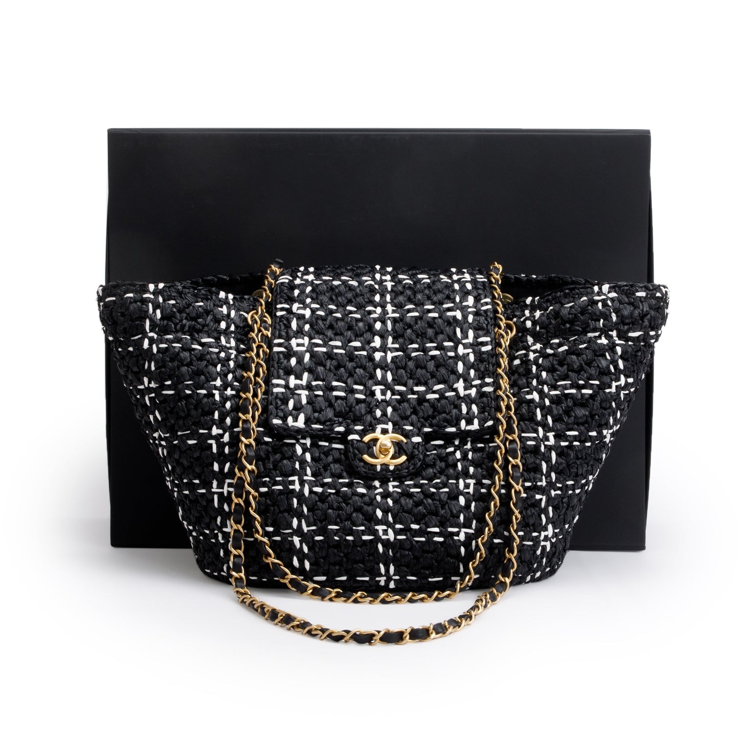 Chanel 2023 Black/White Raffia Calfskin CC Flap Tote