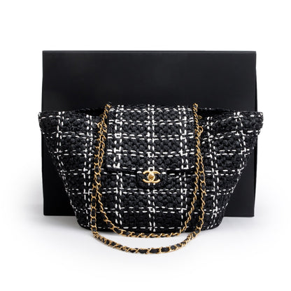 Chanel 2023 Black/White Raffia Calfskin CC Flap Tote