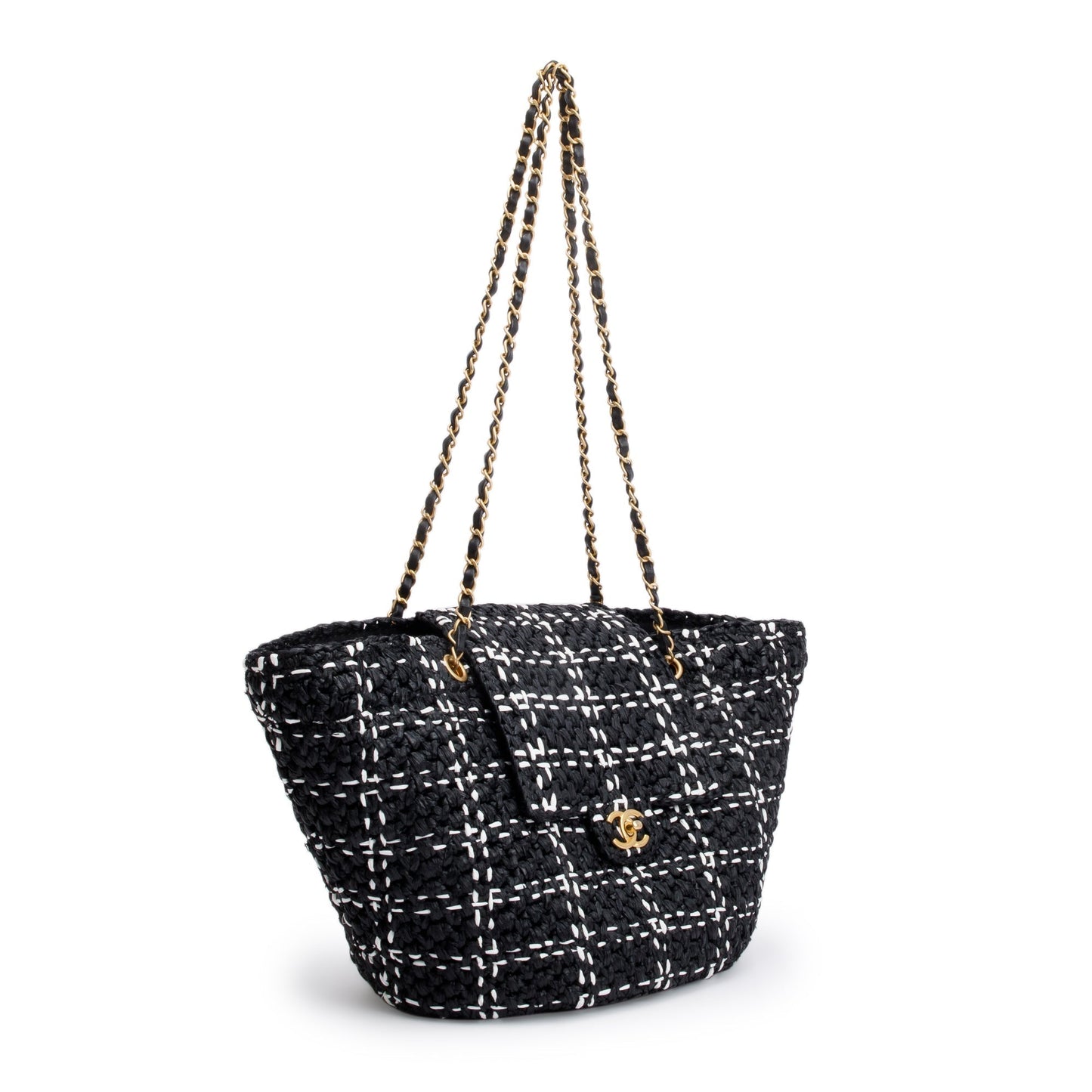 Chanel 2023 Black/White Raffia Calfskin CC Flap Tote