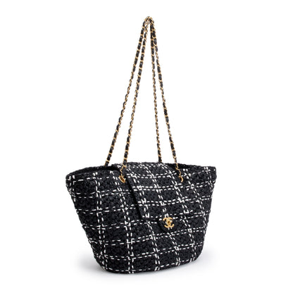 Chanel 2023 Black/White Raffia Calfskin CC Flap Tote
