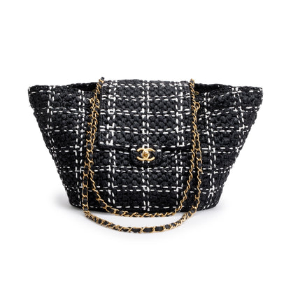 Chanel 2023 Black/White Raffia Calfskin CC Flap Tote