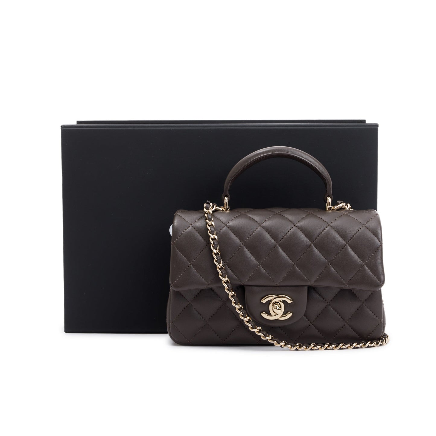 Chanel 2023 Brown Quilted Lambskin Leather Mini Top Handle Rectangular Flap Bag