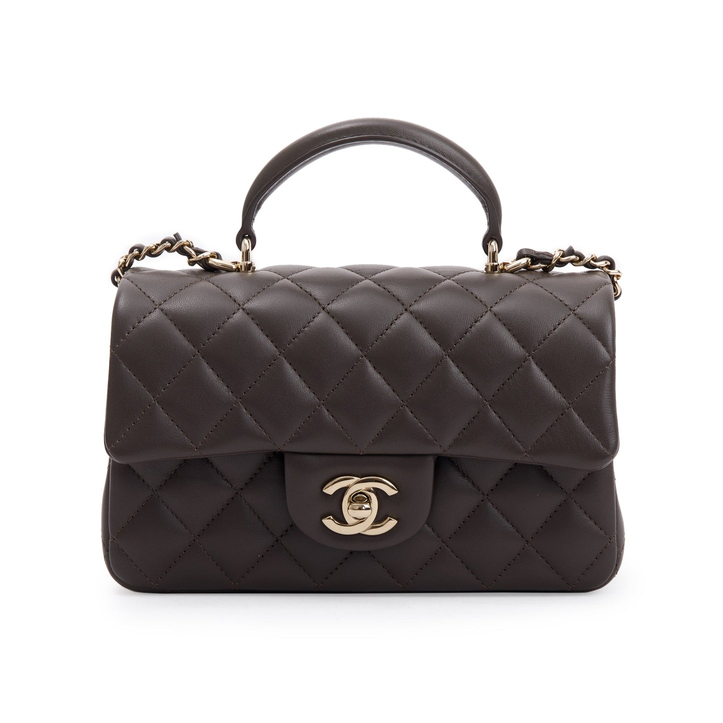Chanel 2023 Brown Quilted Lambskin Leather Mini Top Handle Rectangular Flap Bag