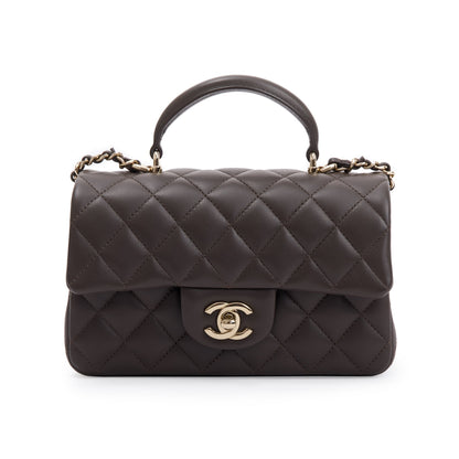 Chanel 2023 Brown Quilted Lambskin Leather Mini Top Handle Rectangular Flap Bag