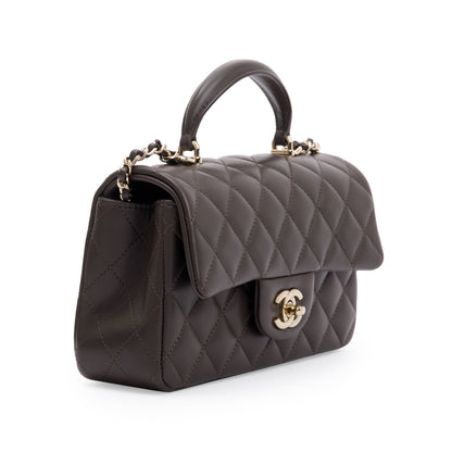 Chanel 2023 Brown Quilted Lambskin Leather Mini Top Handle Rectangular Flap Bag