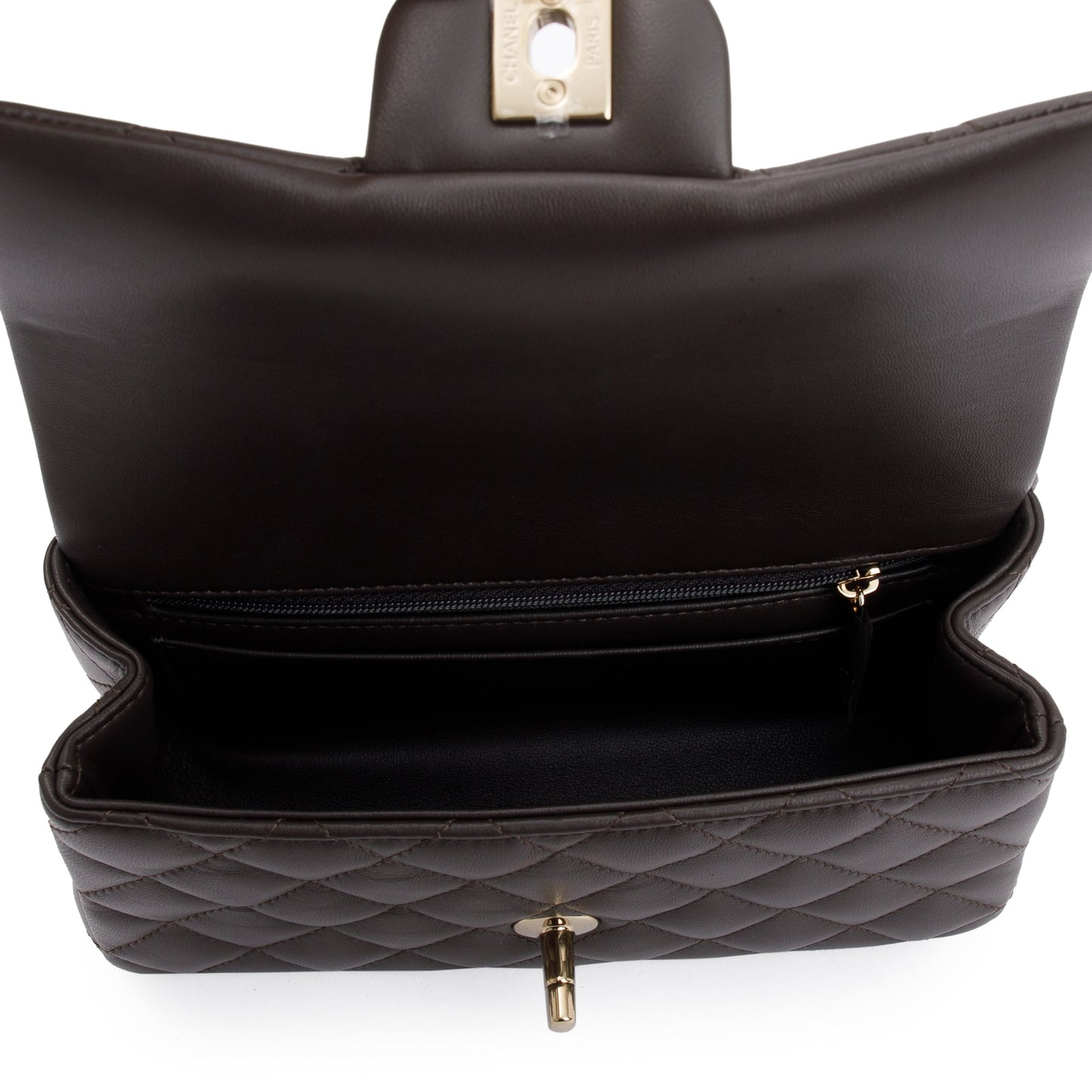 Chanel 2023 Brown Quilted Lambskin Leather Mini Top Handle Rectangular Flap Bag