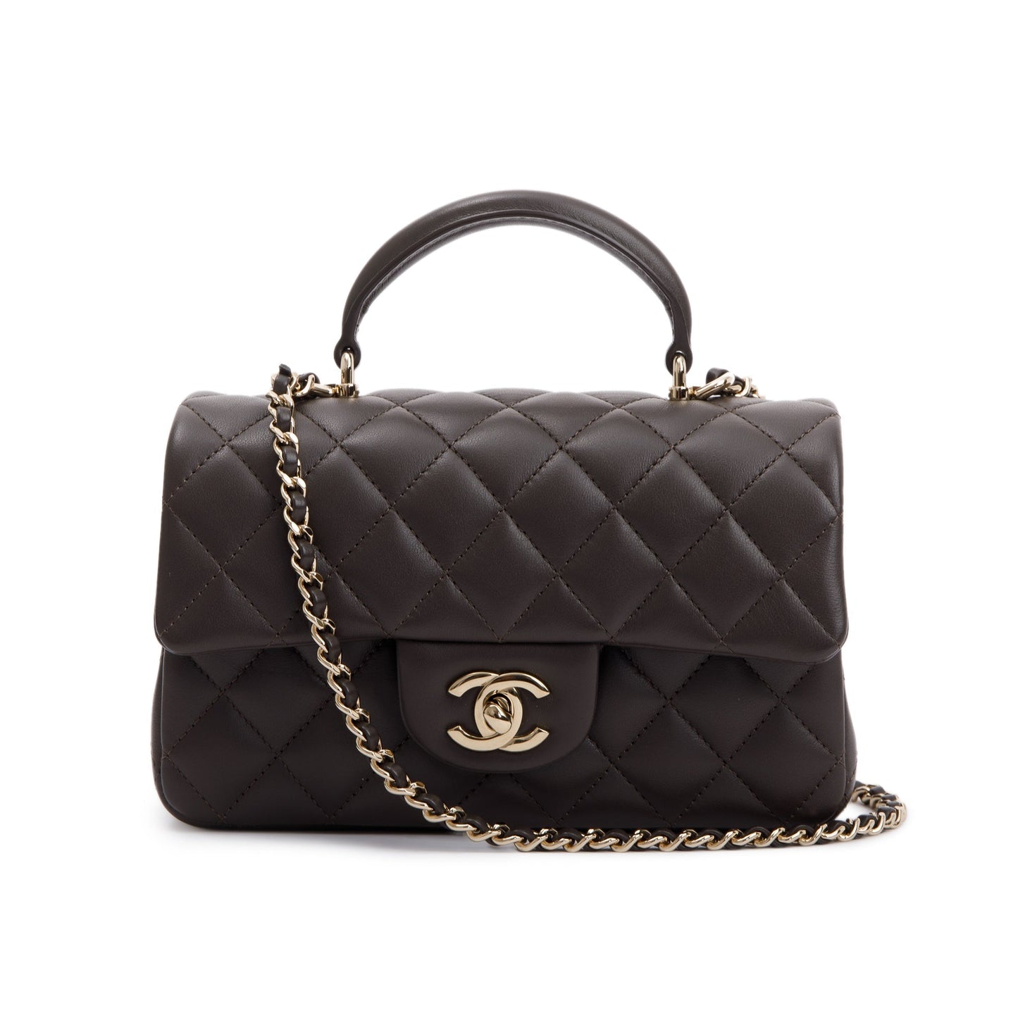 Chanel 2023 Brown Quilted Lambskin Leather Mini Top Handle Rectangular Flap Bag