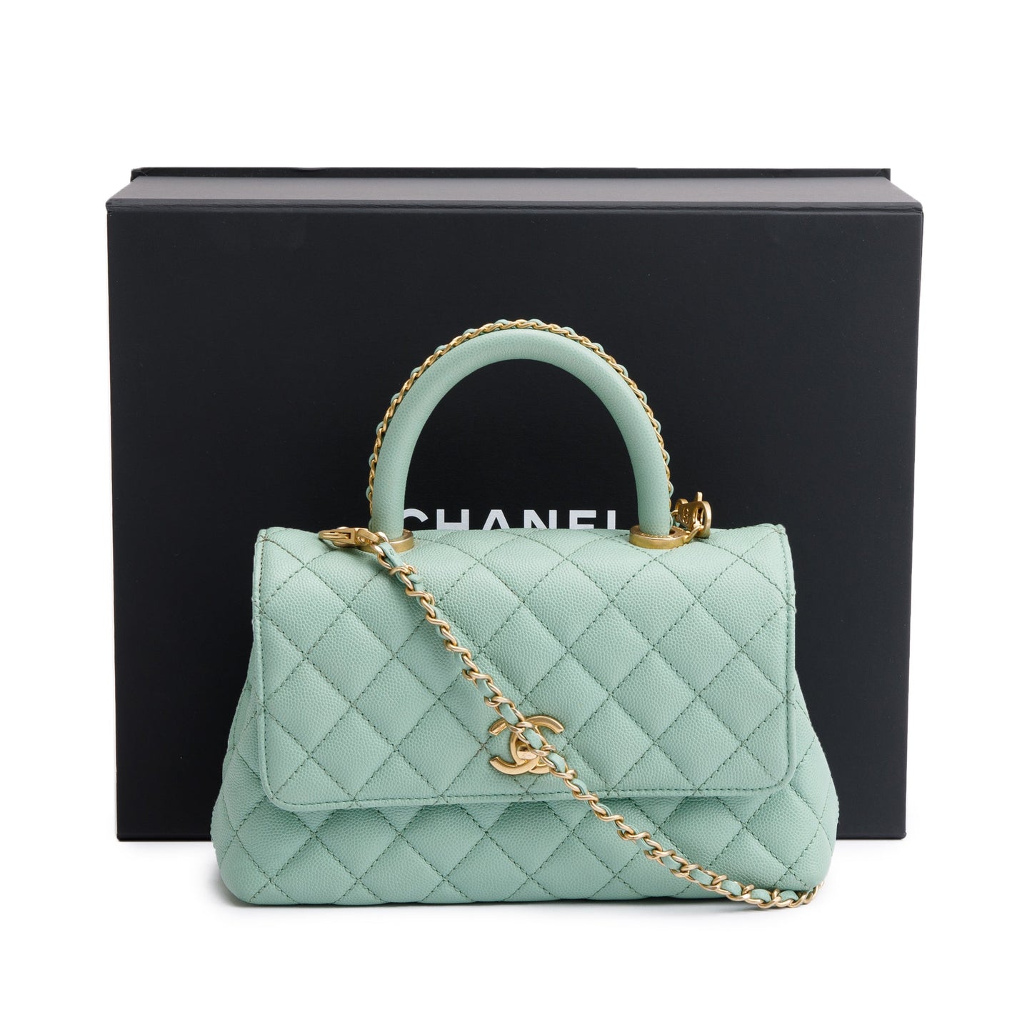 Chanel 2023 Green Quilted Caviar Leather Mini Coco Chain Handle Bag