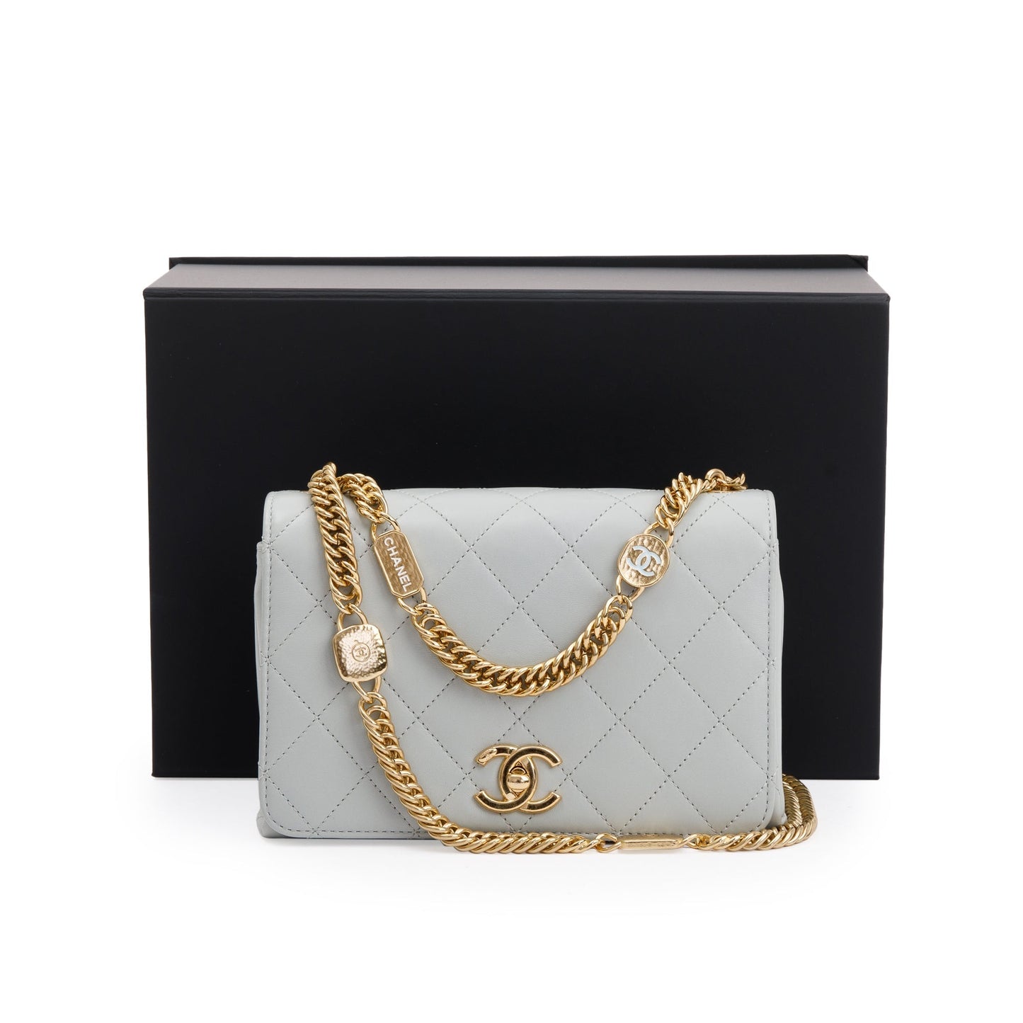 Chanel 2023 Grey Quilted Lambskin Leather Logo Chain Handle Flap Bag