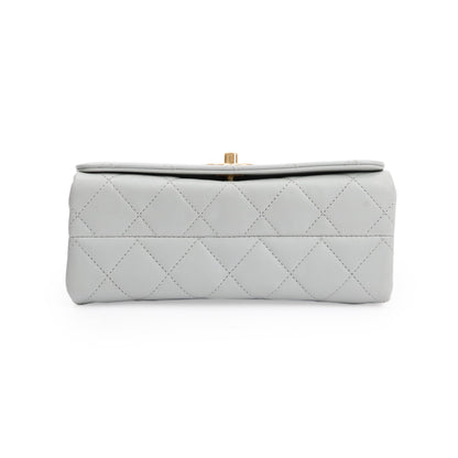 Chanel 2023 Grey Quilted Lambskin Leather Logo Chain Handle Flap Bag