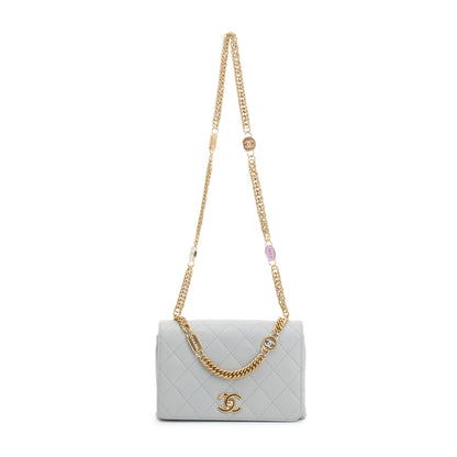 Chanel 2023 Grey Quilted Lambskin Leather Logo Chain Handle Flap Bag