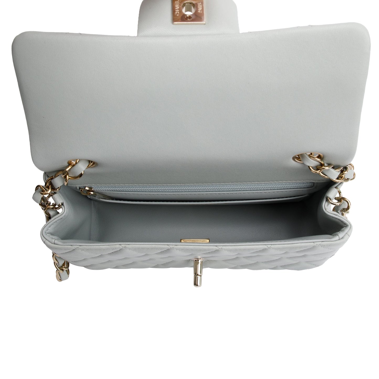 Chanel 2023 Light Grey Quilted Lambskin Leather Mini Classic Flap Handbag