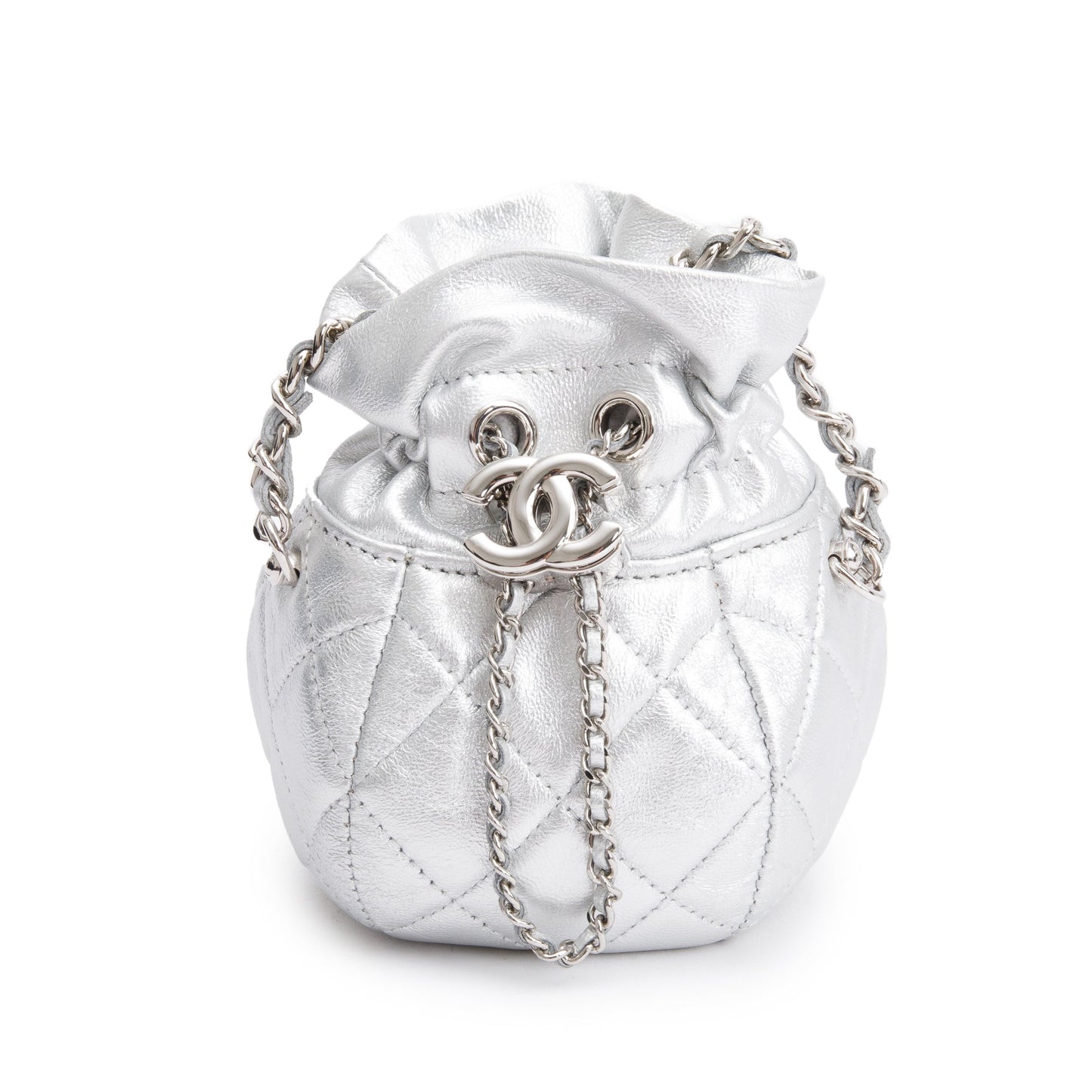 Chanel 2023 Metallic Silver Calfskin Leather Micro Drawstring Bucket Bag