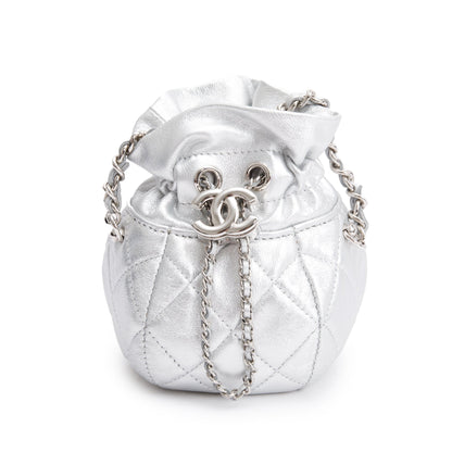 Chanel 2023 Metallic Silver Calfskin Leather Micro Drawstring Bucket Bag