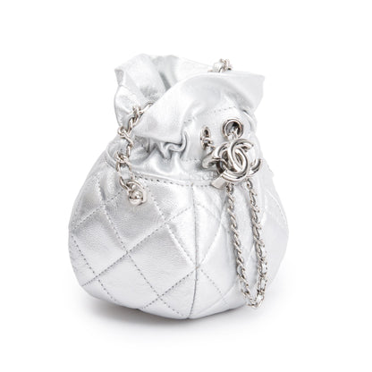 Chanel 2023 Metallic Silver Calfskin Leather Micro Drawstring Bucket Bag
