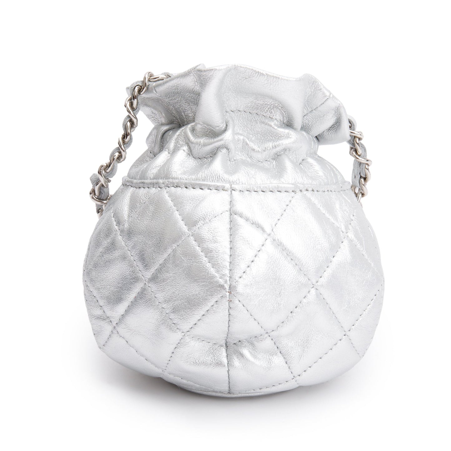Chanel 2023 Metallic Silver Calfskin Leather Micro Drawstring Bucket Bag