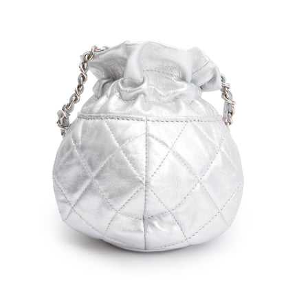 Chanel 2023 Metallic Silver Calfskin Leather Micro Drawstring Bucket Bag