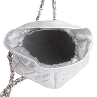 Chanel 2023 Metallic Silver Calfskin Leather Micro Drawstring Bucket Bag