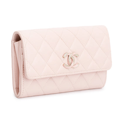 Chanel 2023 Pink Caviar Leather Strass CC Flap Wallet