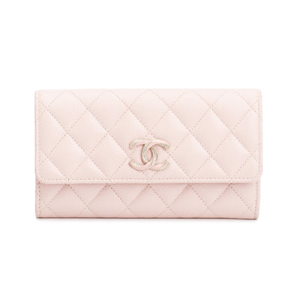 Chanel 2023 Pink Caviar Leather Strass CC Flap Wallet