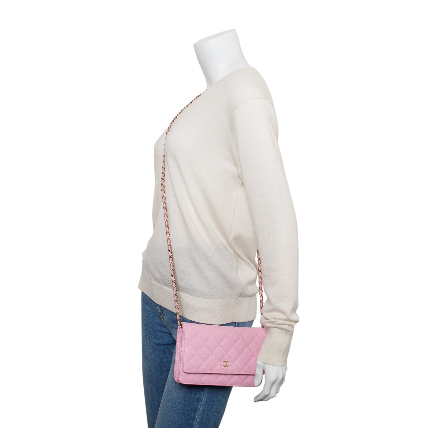 Chanel 2023 Pink Quilted Caviar Leather Classic Wallet on Chain