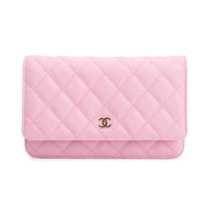 Chanel 2023 Pink Quilted Caviar Leather Classic Wallet on Chain