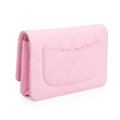 Chanel 2023 Pink Quilted Caviar Leather Classic Wallet on Chain
