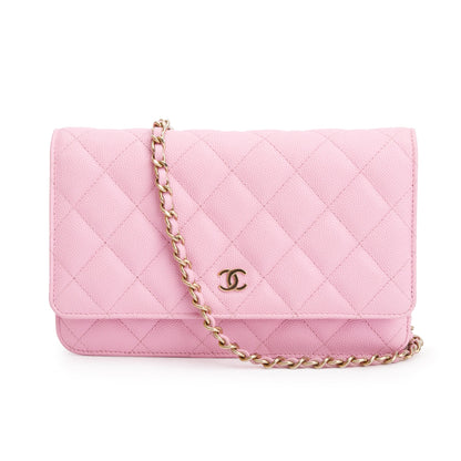 Chanel 2023 Pink Quilted Caviar Leather Classic Wallet on Chain
