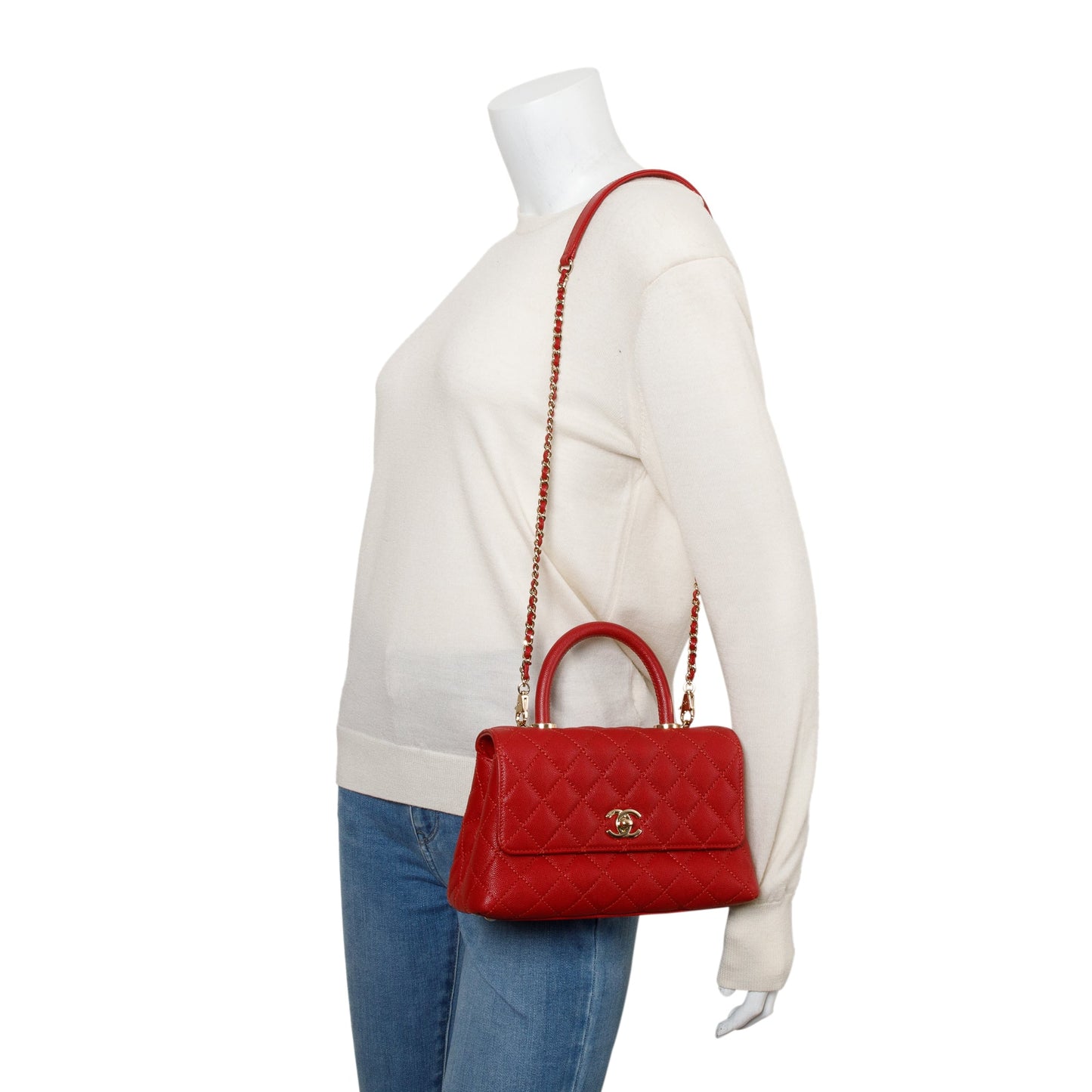 Chanel 2023 Red Quilted Caviar Leather Small Coco Handle Bag