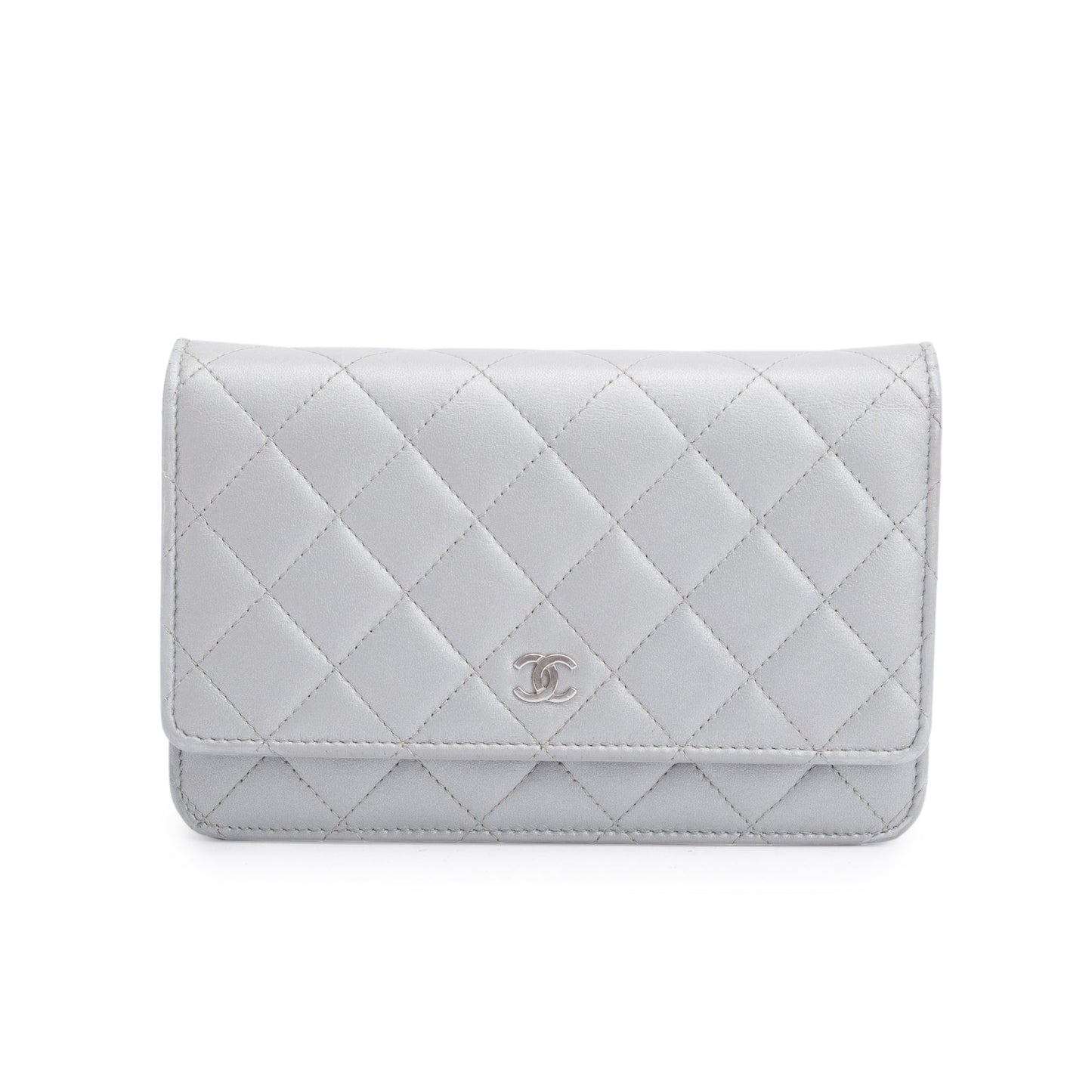 Chanel 2023 Silver Quilted Caviar Leather Classic Wallet on Chain