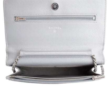 Chanel 2023 Silver Quilted Caviar Leather Classic Wallet on Chain