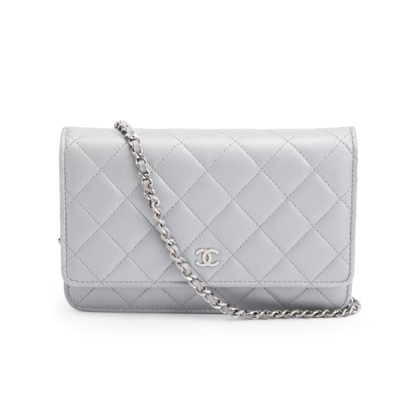 Chanel 2023 Silver Quilted Caviar Leather Classic Wallet on Chain