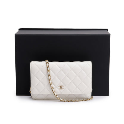 Chanel 2023 White Caviar Leather Classic Wallet on Chain