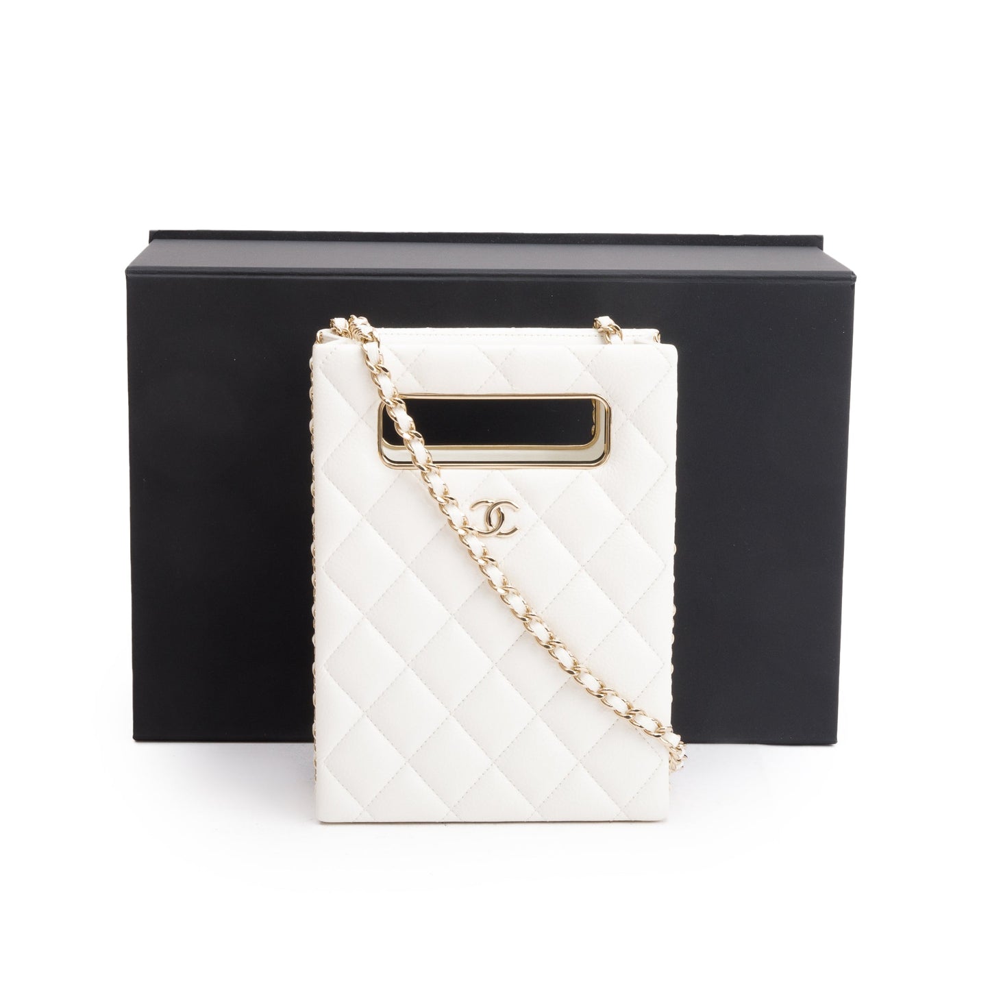 Chanel 2023 White Caviar Quilted Leather Evening Box Bag