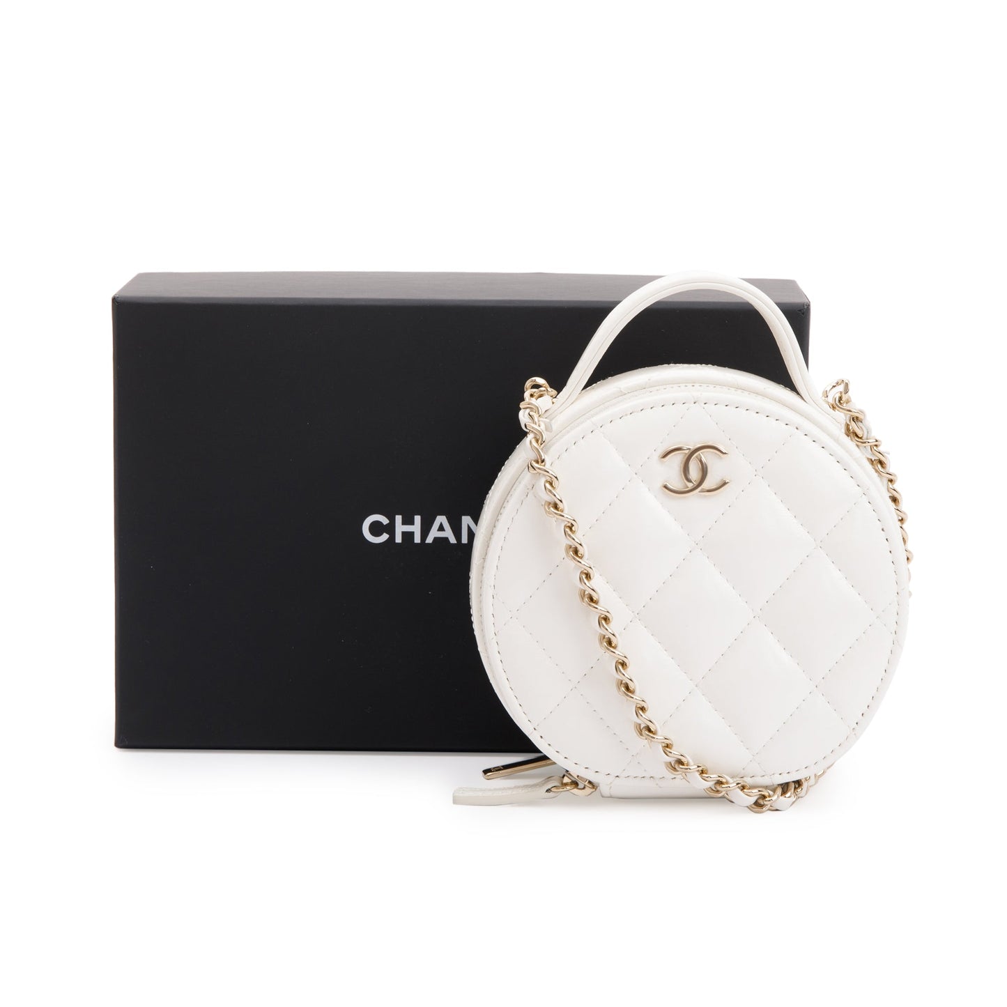 Chanel 2023 White Lambskin Leather Handle with Care Round Vanity Case