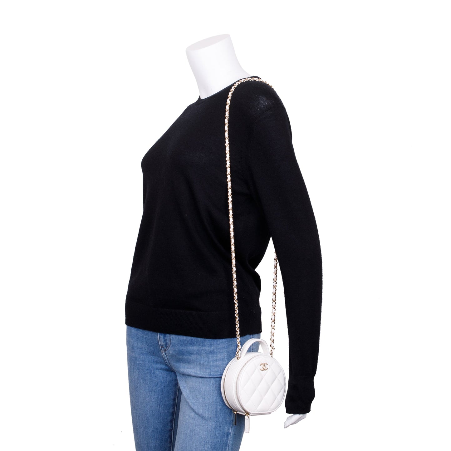 Chanel 2023 White Lambskin Leather Handle with Care Round Vanity Case
