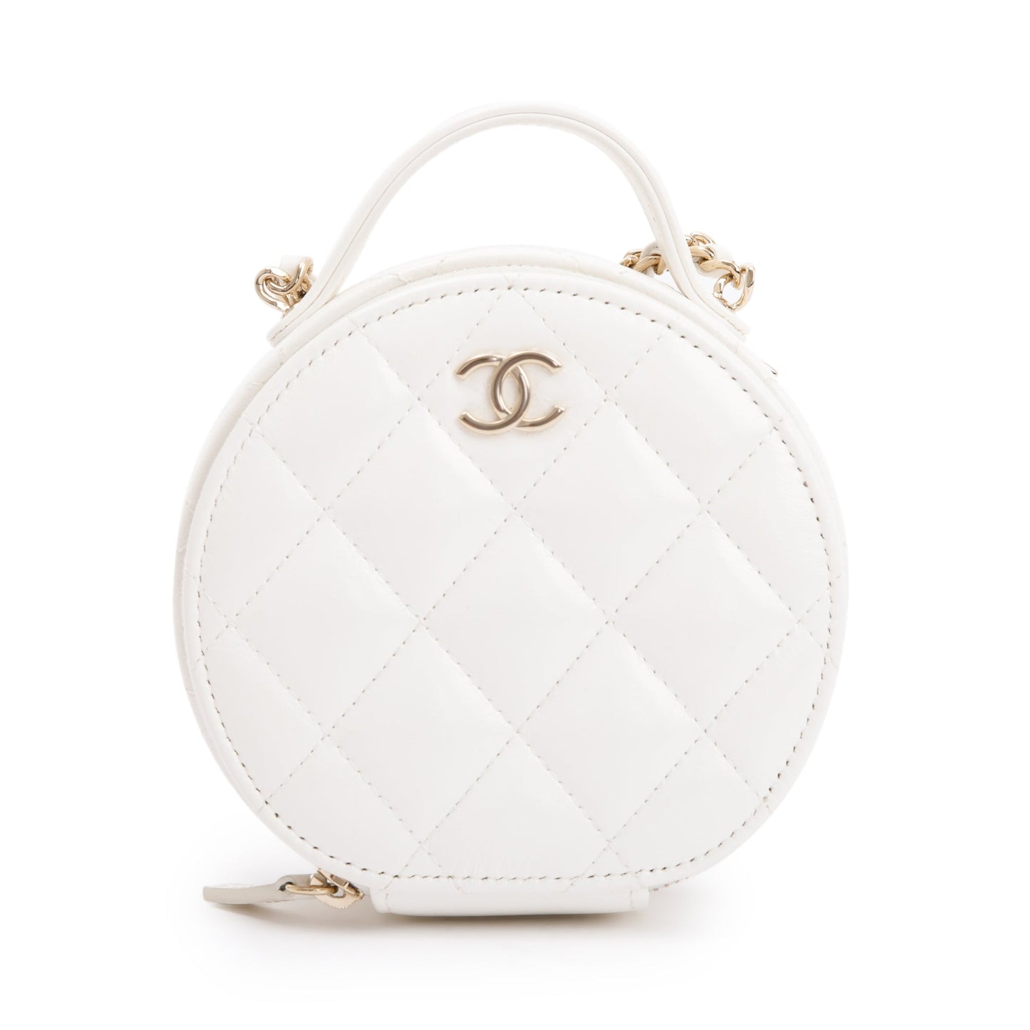 Chanel 2023 White Lambskin Leather Handle with Care Round Vanity Case