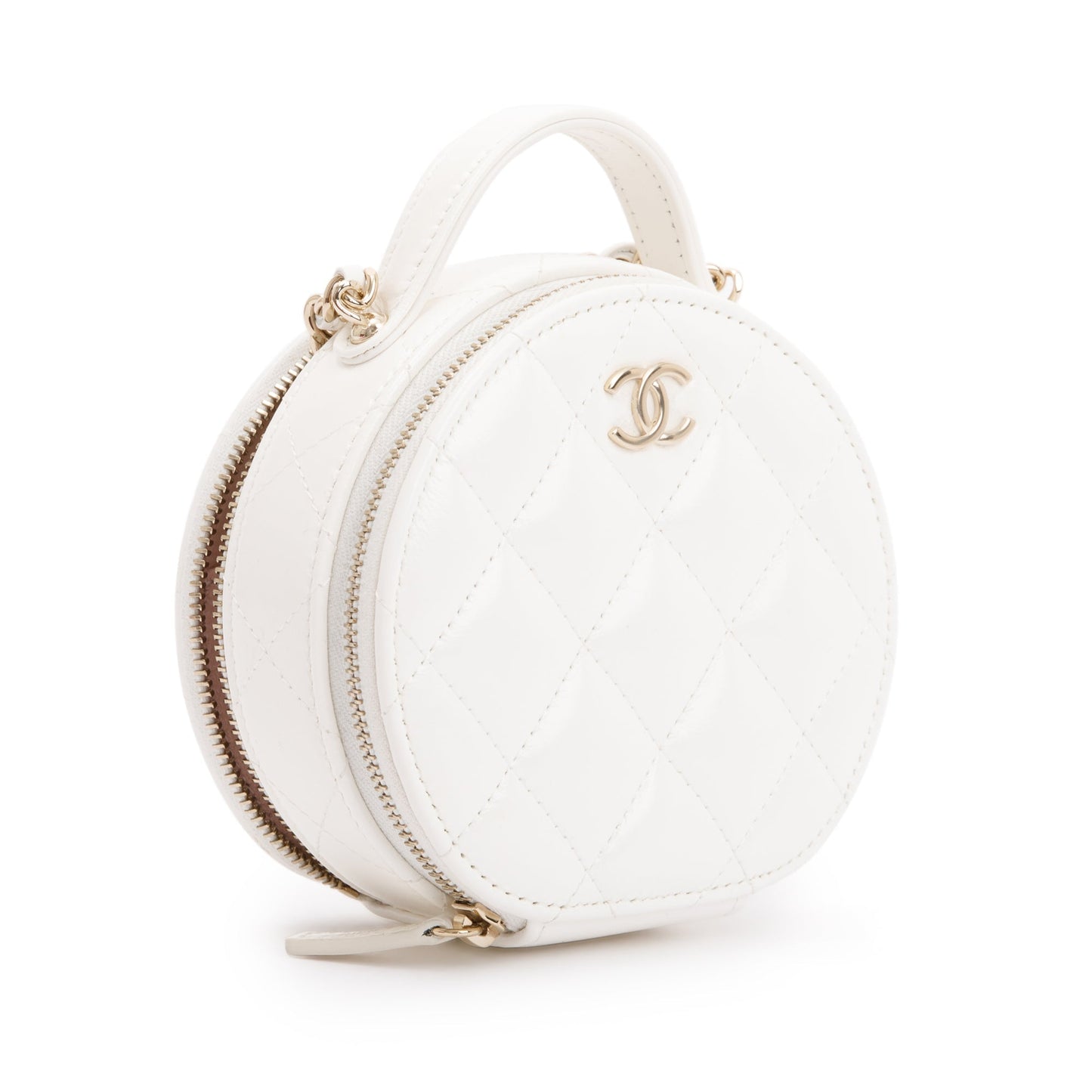 Chanel 2023 White Lambskin Leather Handle with Care Round Vanity Case