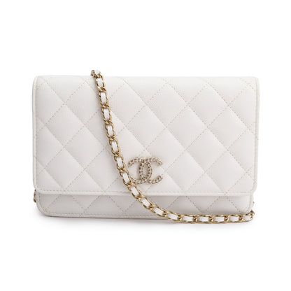 Chanel 2023 White Quilted Caviar Leather Classic Wallet on Chain
