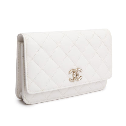Chanel 2023 White Quilted Caviar Leather Classic Wallet on Chain