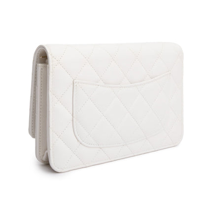 Chanel 2023 White Quilted Caviar Leather Classic Wallet on Chain