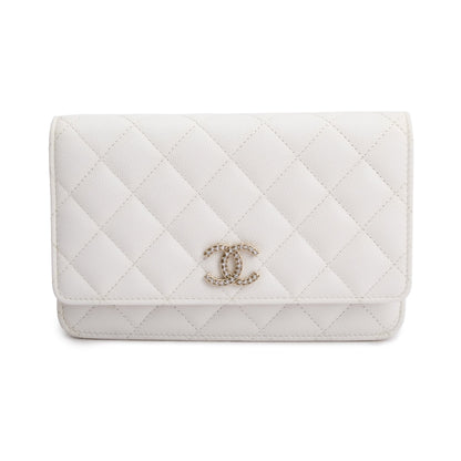 Chanel 2023 White Quilted Caviar Leather Classic Wallet on Chain