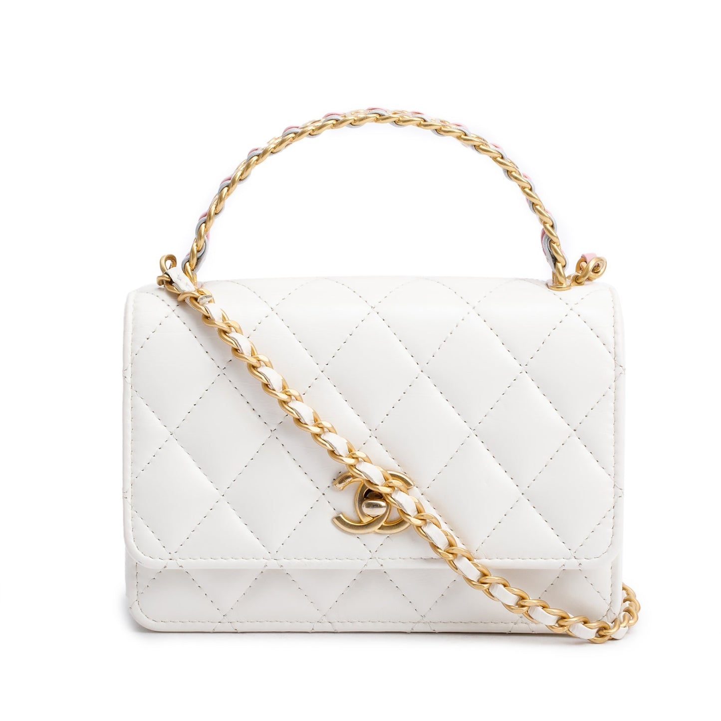Chanel 2023 White Quilted Glazed Calfskin Rainbow Chain Top Handle Mini Flap Bag