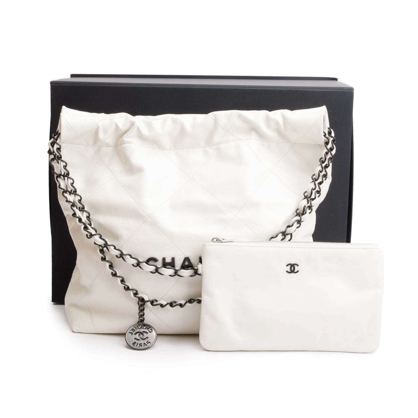 Chanel 2023 White Shiny Calfskin Leather Small Chanel 22 Hobo