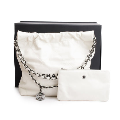 Chanel 2023 White Shiny Calfskin Leather Small Chanel 22 Hobo