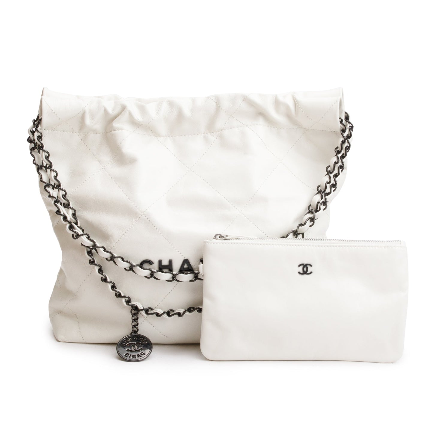 Chanel 2023 White Shiny Calfskin Leather Small Chanel 22 Hobo