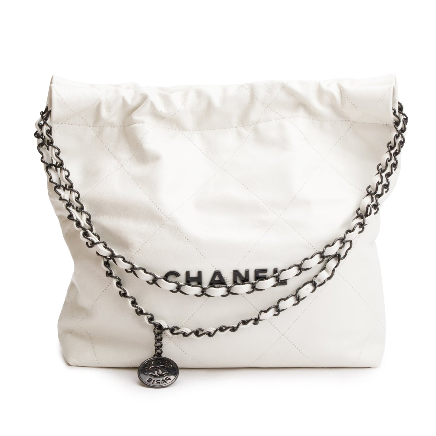 Chanel 2023 White Shiny Calfskin Leather Small Chanel 22 Hobo