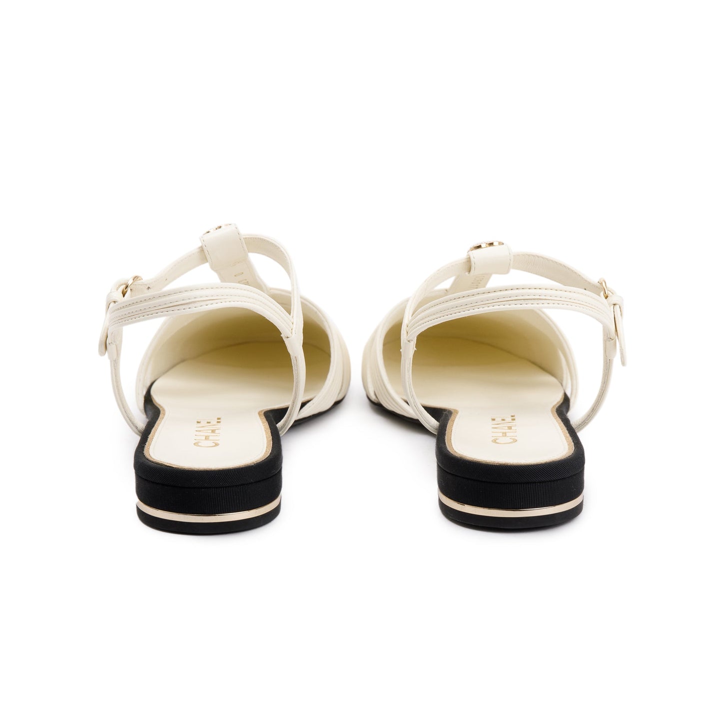 Chanel 2023 White/Black Lambskin Interlocking CC Logo Slingback Flats, Size 38