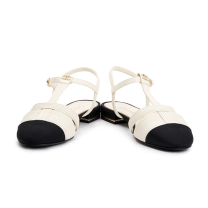 Chanel 2023 White/Black Lambskin Interlocking CC Logo Slingback Flats, Size 38